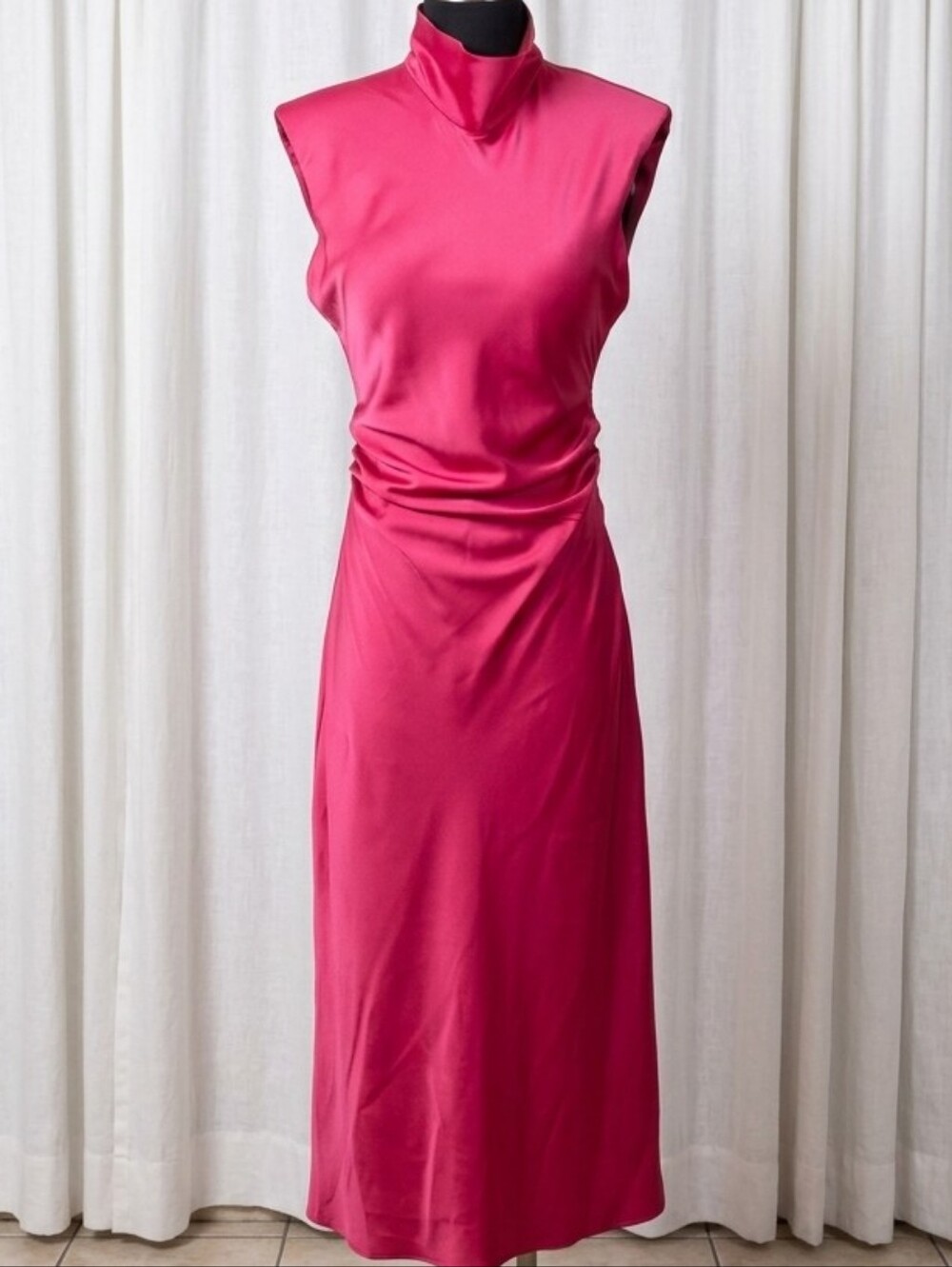 Anthropologie Hot Pink Mock-Neck Sleeveless Open Back Midi Dress